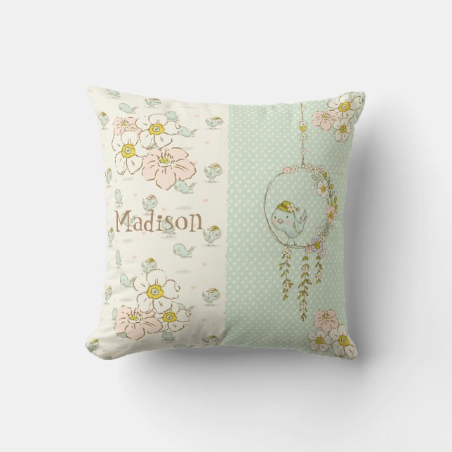 Coussin Fille de l'oiseau bleu Nom rustique floral de la n (Recto)