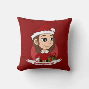Coussin Fille de Noël aux cheveux bruns ondulés