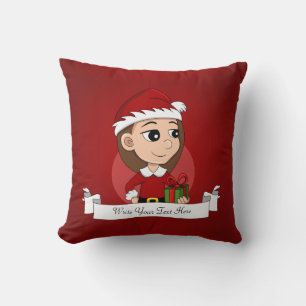 Coussin Fille de Noël avec cheveux longs bruns