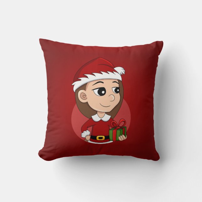 Coussin Fille de Noël avec cheveux longs bruns (Recto)