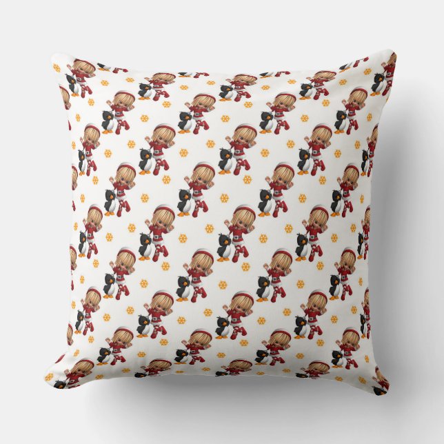 Coussin Fille de Noël mignonne et pingouin (Recto)
