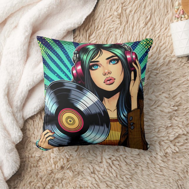 Coussin Fille de style pop art comic avec album vinyle (Couverture)