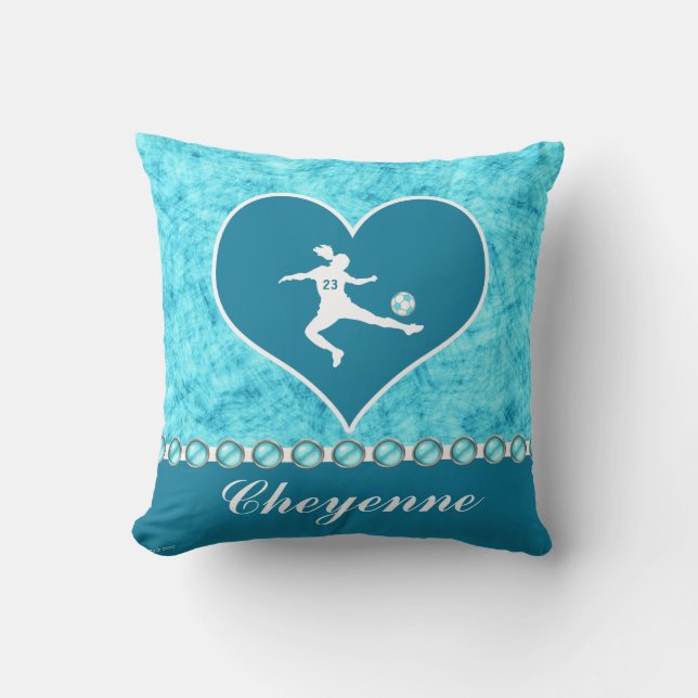Coussin Fille du football de turquoise avec le nom et le (Recto)