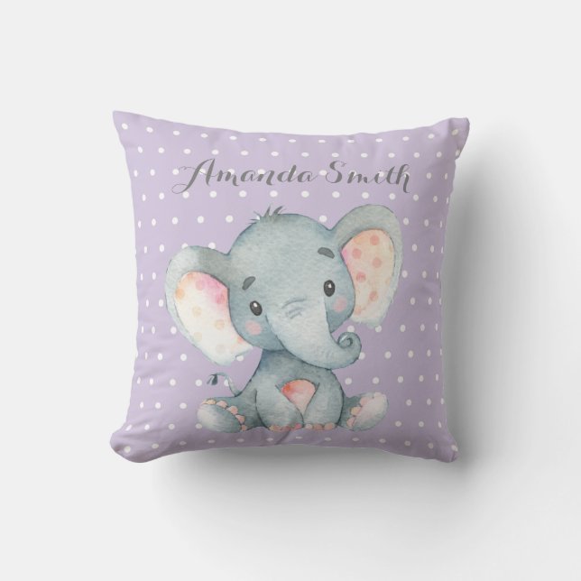 Coussin Fille Éléphant Bébé Violet et Gris (Recto)