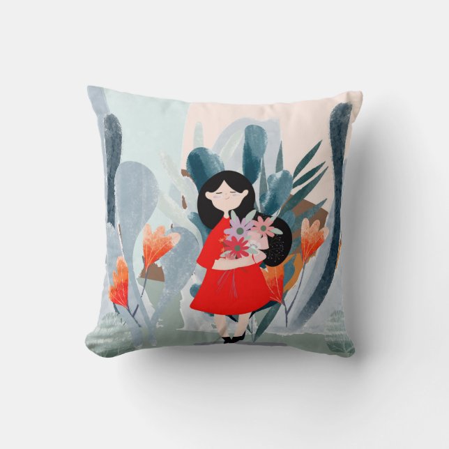 Coussin Fille en forêt, dessin animé vert nature. (Recto)