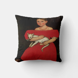 Coussin Fille en rouge avec son chat et son chien