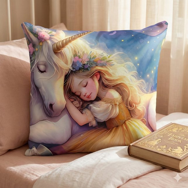Coussin Fille endormie Paysage onirique licorne (Sleeping Girl Unicorn Dreamscape Throw Pillow Mockup A)