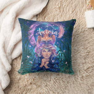 Coussin Fille et le magicfox stary nuit dans la forêt