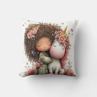 Coussin Fille et licorne Couronne de fleurs en coton fabri