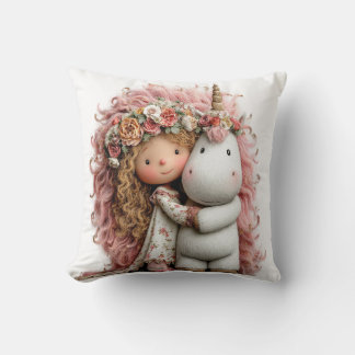 Coussin Fille et licorne couronne de fleurs en coton fabri