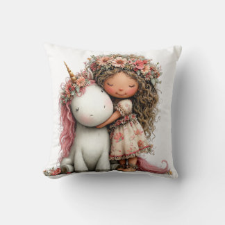 Coussin Fille et licorne couronne de fleurs fabriquée en c