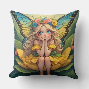 Coussin Fille Fée des Fleurs Assise sur une Fleur en Fête