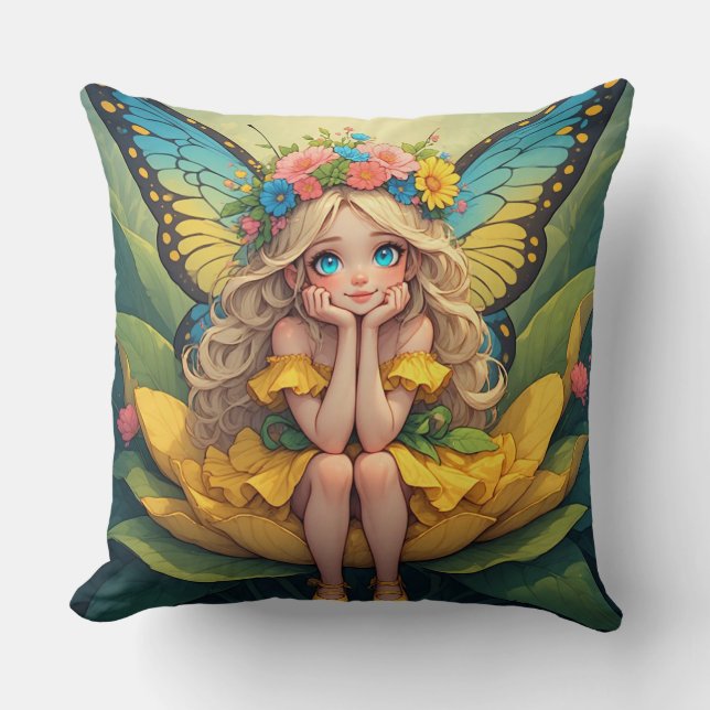Coussin Fille Fée des Fleurs Assise sur une Fleur en Fête  (Recto)