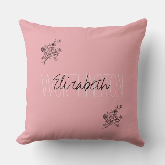 Coussin Fille Floral Calligraphie Nom rose roux rouge (Recto)
