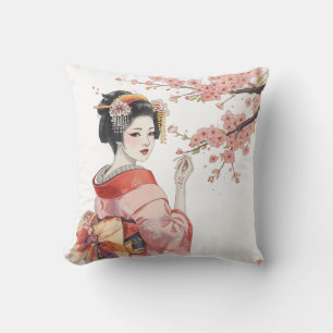 Coussin Fille Geisha Japonaise & Cerisiers en Fleur Rose
