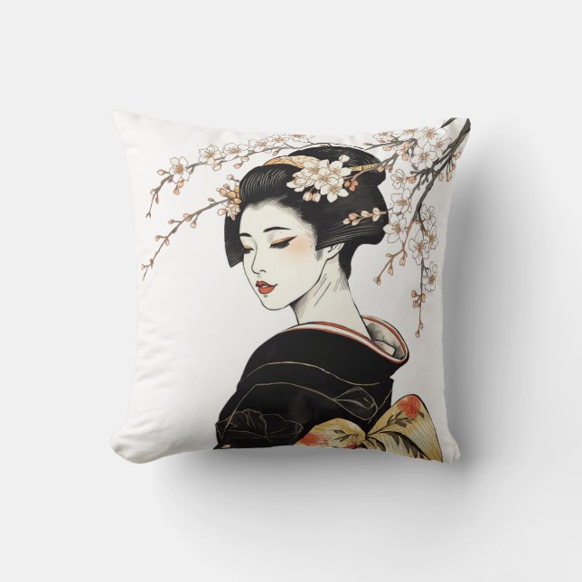 Coussin Fille Geisha Japonaise & Fleurs Noir Or (Recto)