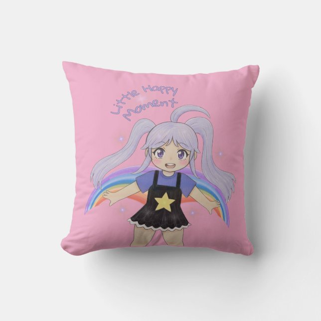 Coussin Fille Heureuse Illustration Dessinée à la Main – P (Recto)