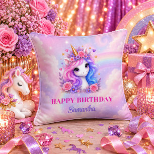 Coussin Fille Licorne Arc-en-ciel Anniversaire Rose Violet