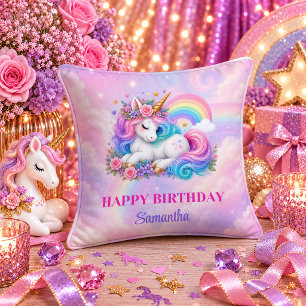 Coussin Fille Licorne Arc-en-ciel Anniversaire Rose Violet