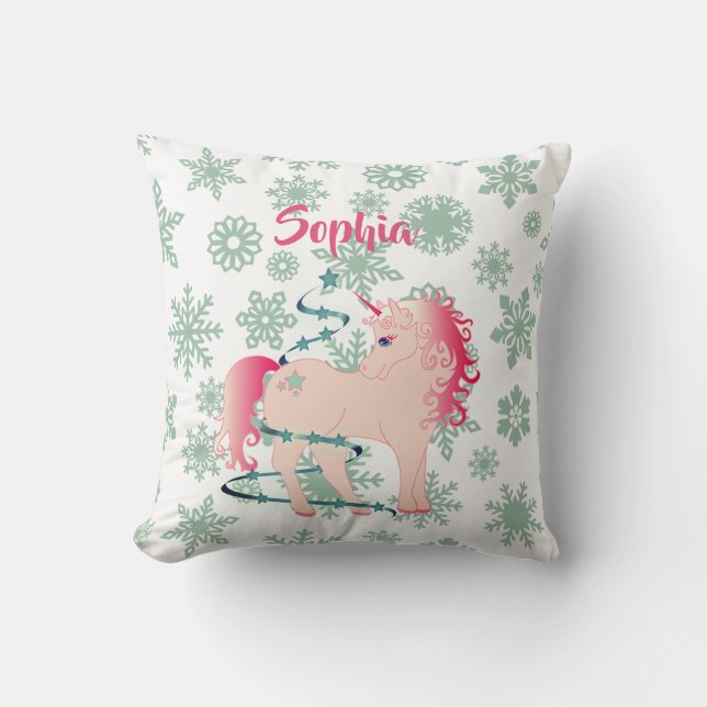 Coussin Fille Licorne Mignonne Flocons Rose (Recto)