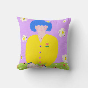 Coussin Fille lisant l'art folklorique fantaisiste Coloré