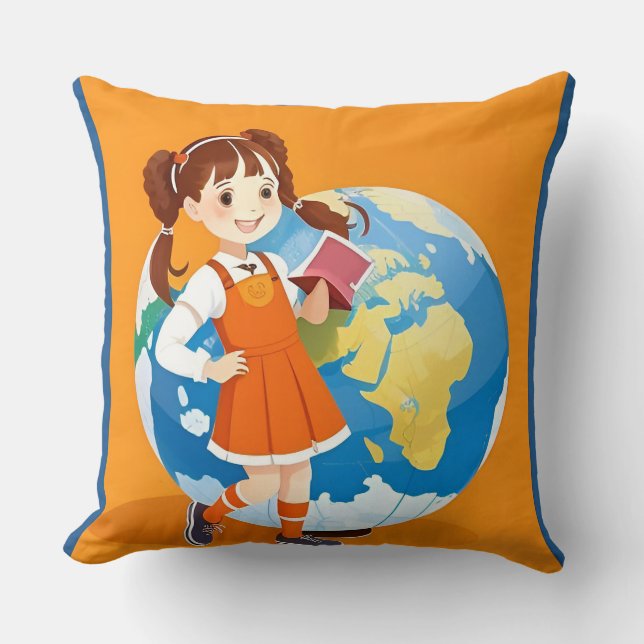 Coussin Fille lisant un livre globe salle d'étude (Recto)