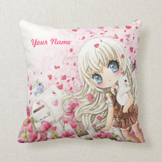 Coussin Fille mignonne avec le chat blanc sur le gisement