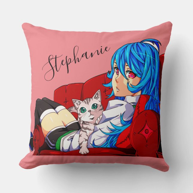 Coussin Fille Mignonne Avec Un Chat Personnalisé (Recto)