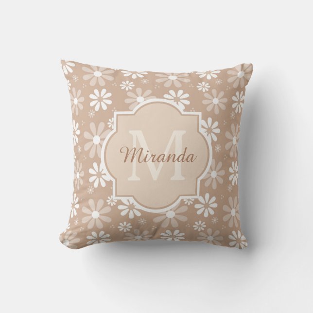 Coussin Fille Monogramme mignon Tan Daisy Fleurs et nom (Recto)