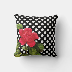 Coussin Fille Noir Blanc Pois Fleur Camellia Rouge