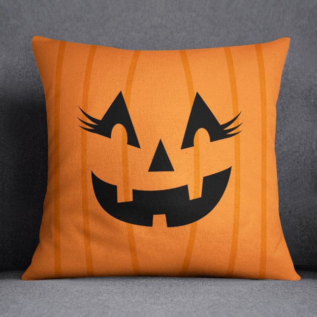 Coussin Fille Orange Jack-o'-lantern Citrouille Face Hallo (Créateur téléchargé)
