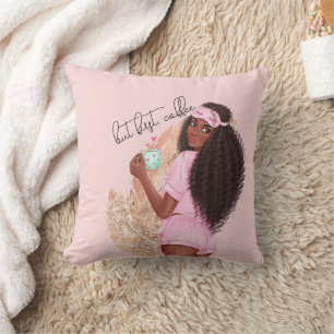 Coussin Fille pailletée fausse café Cheveux Rose rose   
