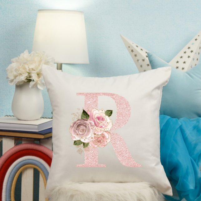 Coussin Fille Pale Rose Parties scintillant or Floral R Mo (Rose Gold Glitter Floral R Monogram Throw Pillow)