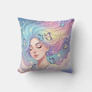 Coussin Fille Pastel Rêveuse Esthétique Papillon