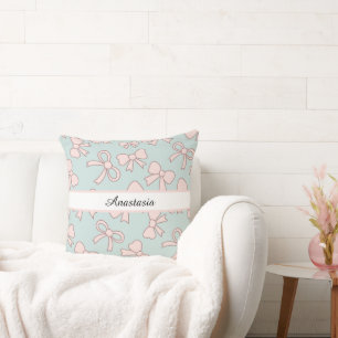 Coussin Fille Personnalisée Mignonne Joli Nœud Nom Bleu Ro