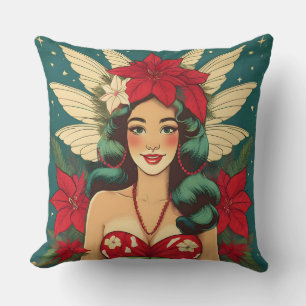 Coussin Fille pin-up de Noël tropical rétro des années 50