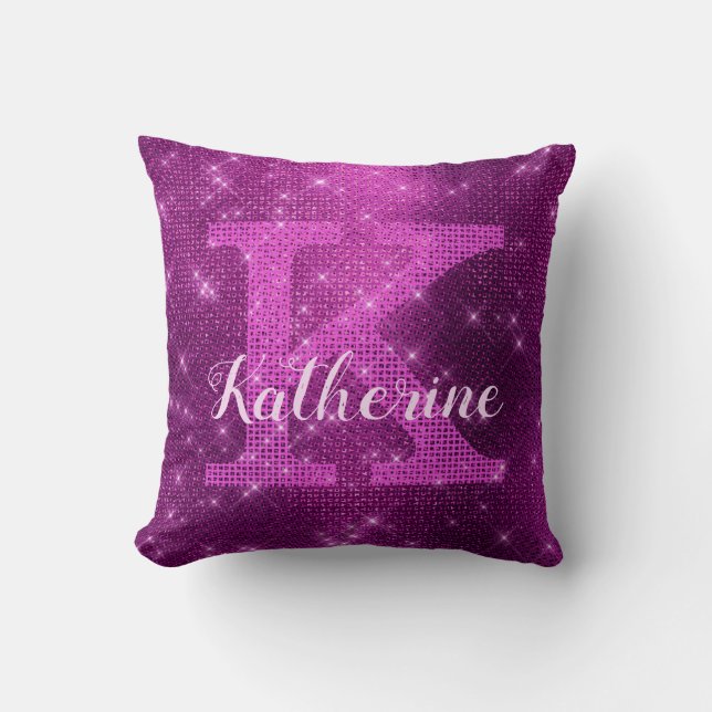Coussin Fille Plum Purple Chic Glam Sparkle Nom du monogra (Recto)