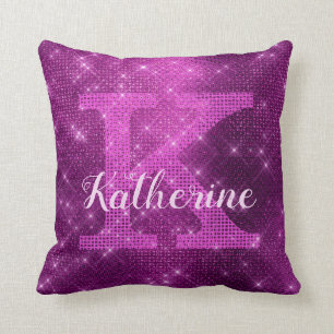 Coussin Fille Plum Purple Chic Glam Sparkle Nom du monogra
