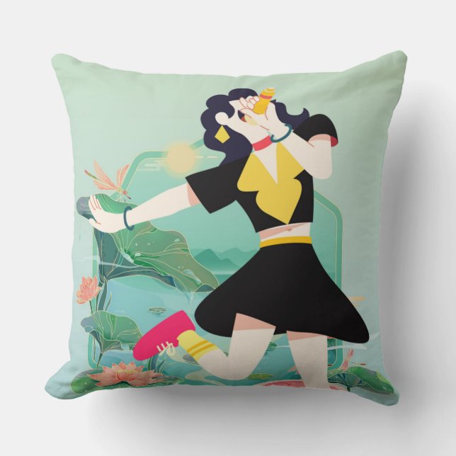 Coussin Fille Rétro d'Été avec Pastèque et Étang de Lotus  (Recto)