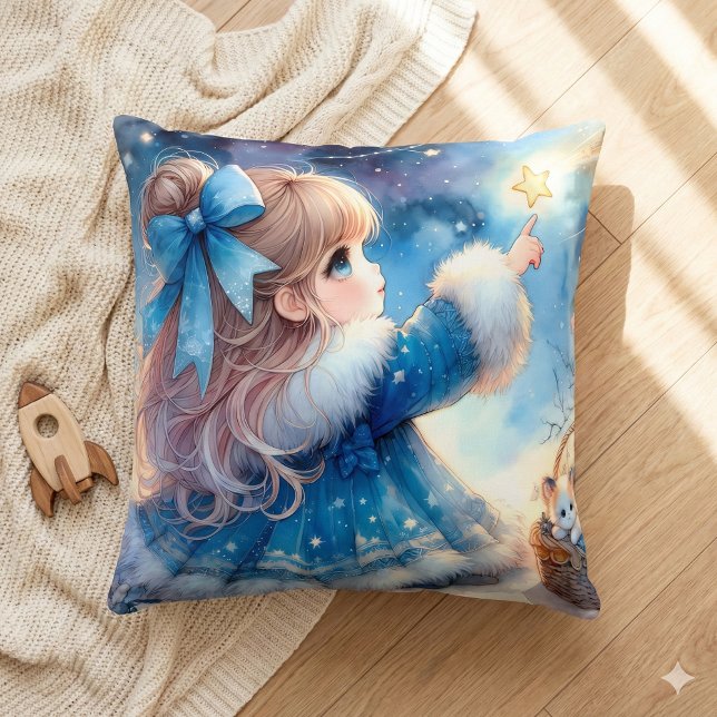 Coussin Fille Rêveuse Observatrice d'Étoiles Aquarelle (Whimsical Star Gazer Girl Watercolor Throw Pillow Mockup A)
