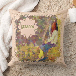 Coussin Fille rêveuse sur mur géométrie colorée abstraite