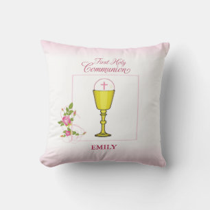 Coussin Fille Rose Première Communion, Calice, Hostie, Ros