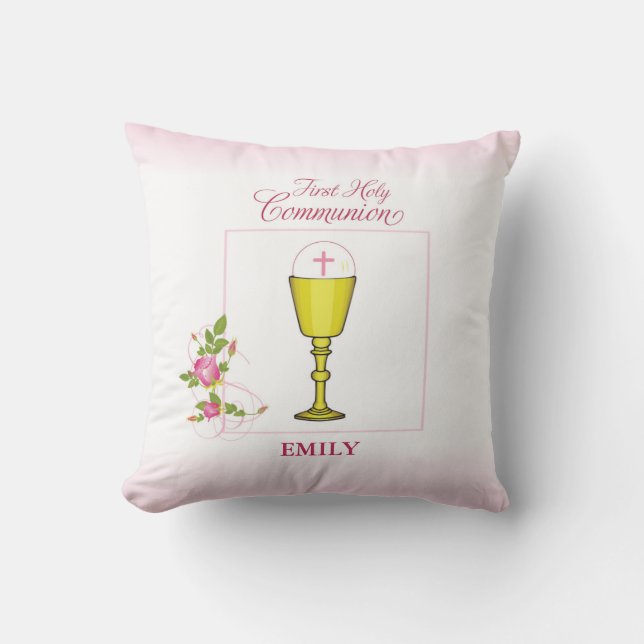 Coussin Fille Rose Première Communion, Calice, Hostie, Ros (Recto)