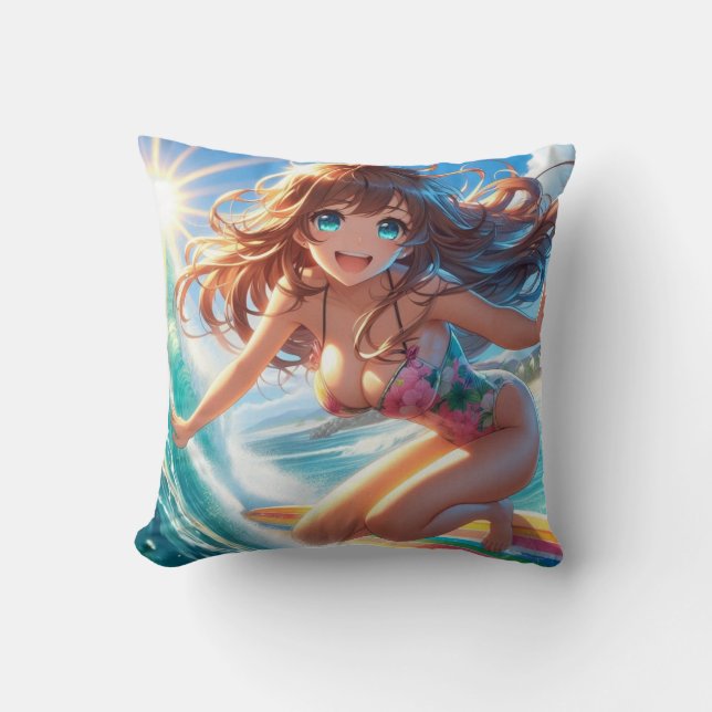 Coussin Fille surfeuse anime côtière/nautique/tropicale (Recto)