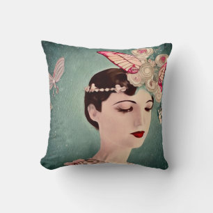 Coussin Fille surréaliste Art Déco & papillons