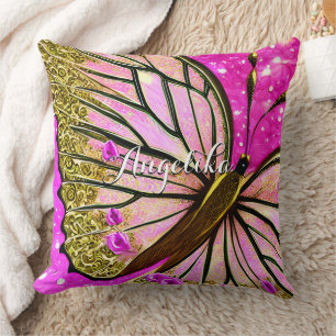 Coussin Fille tendance rose et papillon or Nom personnalis