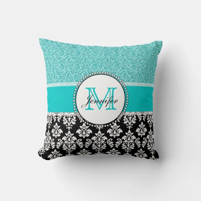 Coussin Fille, Turquoise, Parties scintillant, Damas noirs (Recto)