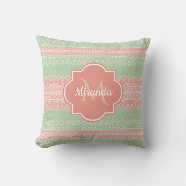 Coussin Fille vert Knit Coral rose rayures et nom (Recto)