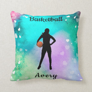 Coussin Filles Basketball Aquarelle avec Coeurs flottants