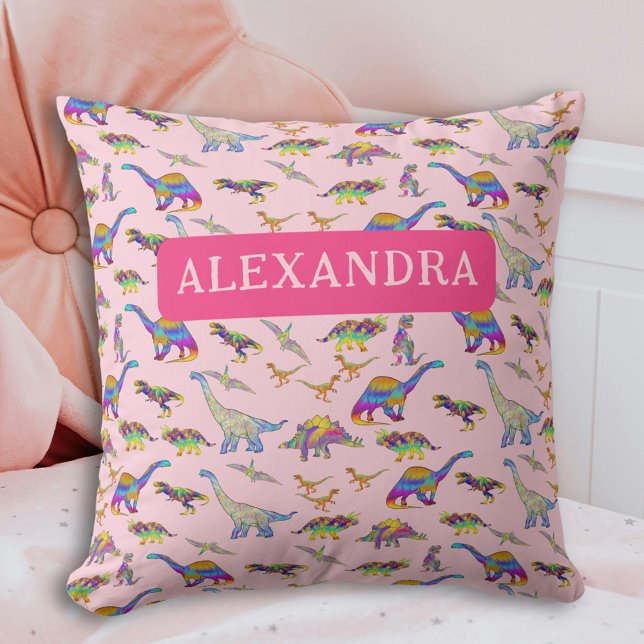 Coussin Filles Dinosaure rose personnalisée (Personalized girls dinosaur pink pillow Custom dino pattern home decor)